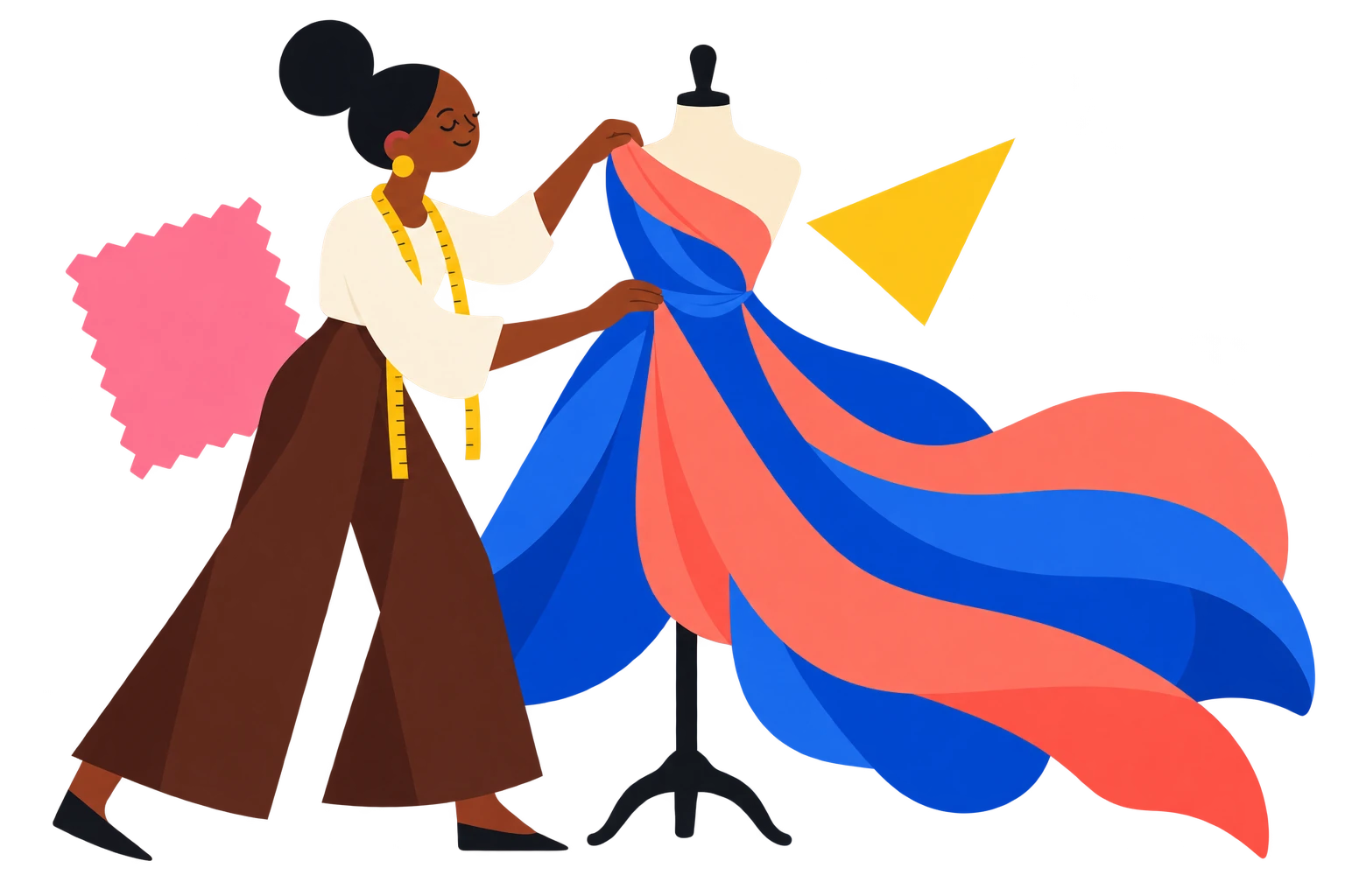 Illustration of a fashion designer draping fabric on a mannequin