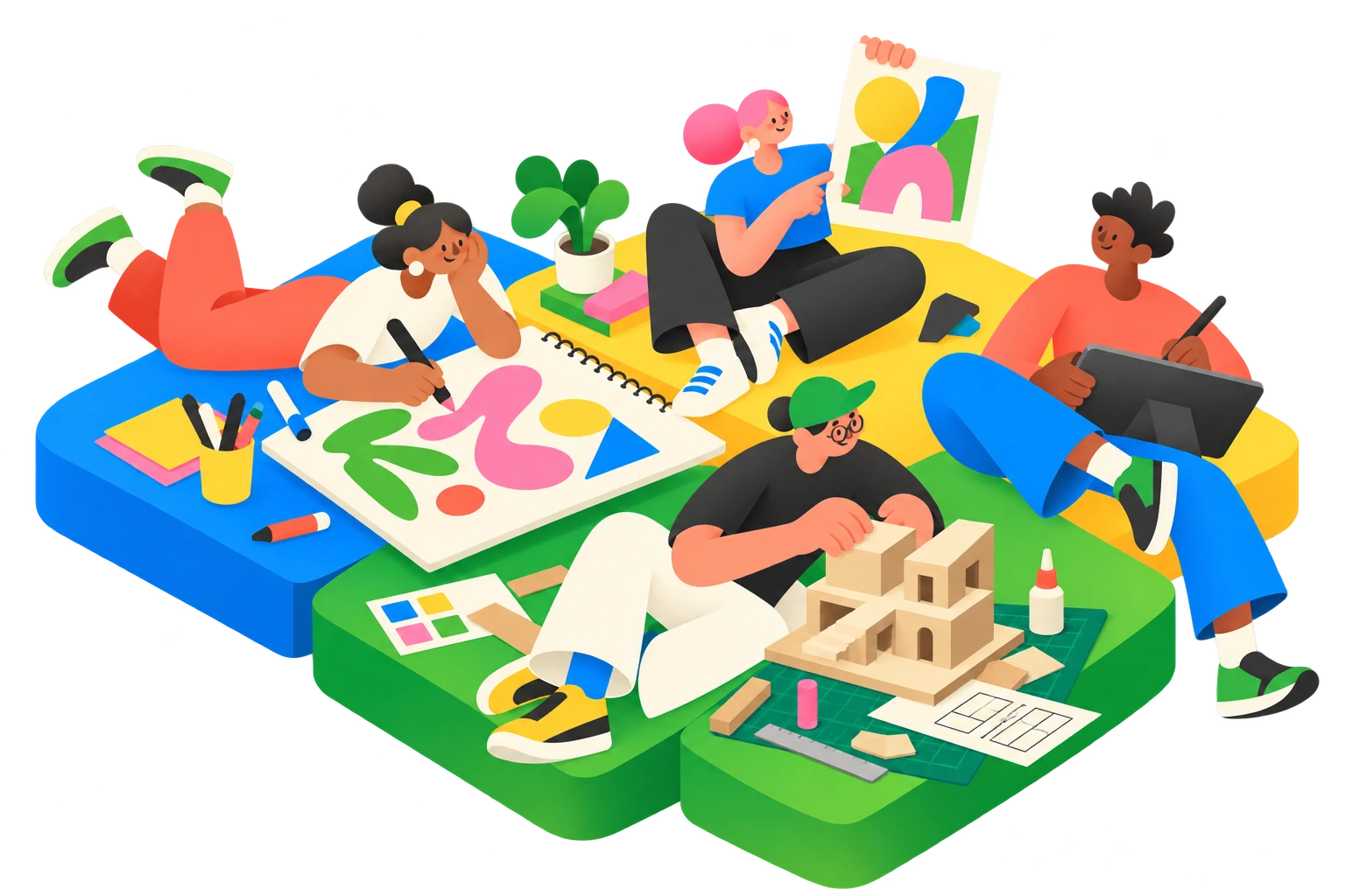 Geometric editorial illustration of four young creatives sketching, using a drawing tablet, sharing art and building a cardboard model